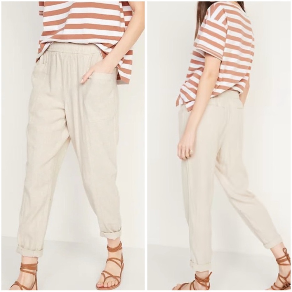 Old Navy Tan Beige Neutral High-Waisted Cropped Linen-Blend Pants